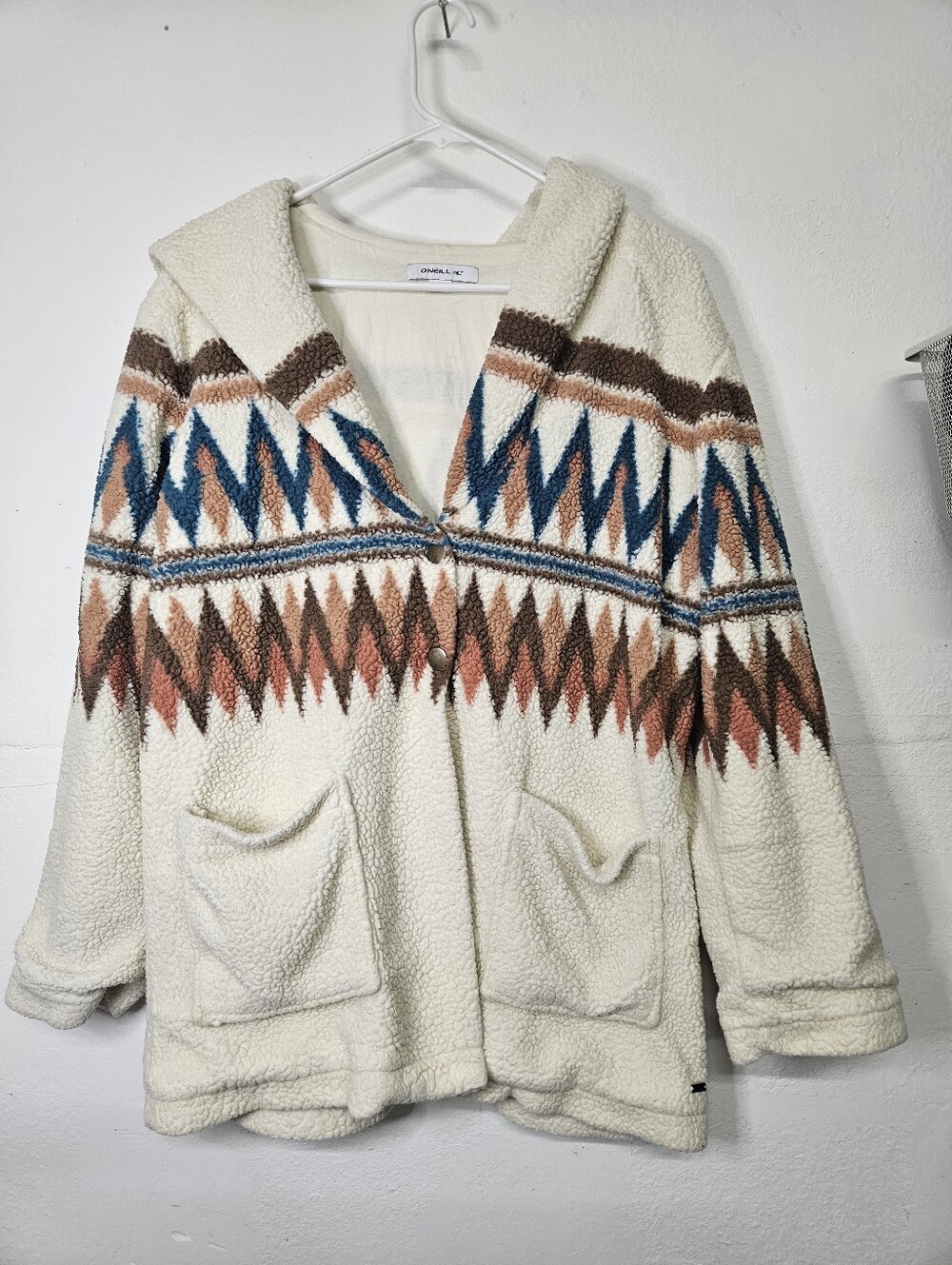O'Neal Hooded Aztec Print 2 Snap Fuzzy Jacket Sz Med